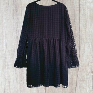 BCBG Black Babydoll Drop Waist Windowpane Sheer Sleeve Ruffle Dress Women's M